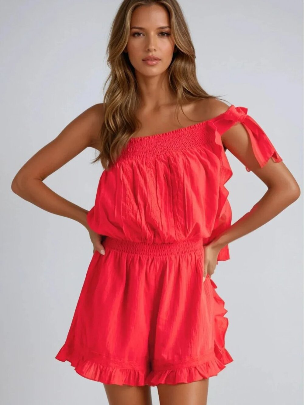 Women's Red Ruffled Romper - Picture 1 of 9